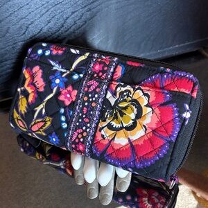 Vera Bradley Black Floral Quilted Zip Wallet with Pink, Purple, Yellow Accents